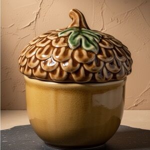 Pier 1 Imports Acorn Bowl Lid 6”Candy Jar Biscuit Cookie Fall Autumn Stoneware